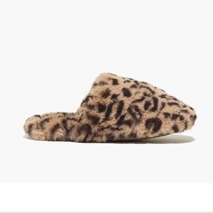 NWT Madewell Furry Fuzzy Slippers Quilted Leopard Print Slippers Brown Tan